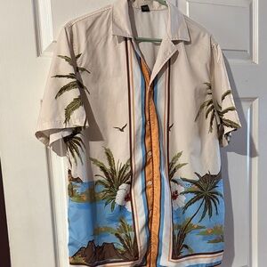 Tropical Beige and Blue Casual Button Down Shirt